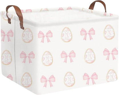 FXOLCSHE Rectangular Easter basket,Nursery Hamper,Collapsible waterproof baby toy storage box for Kids,Toy Organizer,Home Decor,Easter basket(Pink bow egg)