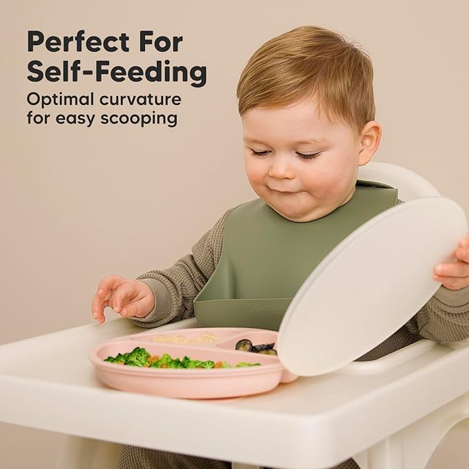 KeaBabies Suction Plates with Lids for Baby - 3-Pack 100% Silicone Suction Plates for Baby, Kids,Toddler Plates,Divided Baby Plates with Suction,Lids, BPA-Free, Microwave, Dishwasher Safe (Mellow)