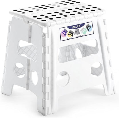 Delxo 13" Folding Step Stool for Kids and Adults, Non-Slip Foldable Step Stools with Handle,Plastic Portable Folding Stool for Bathroom,Bedroom,Kitchen,Hold up to 300lbs White