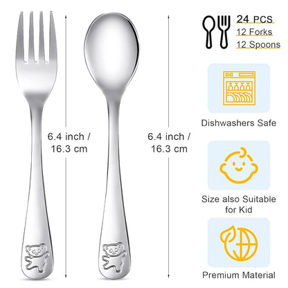 24 Pieces Stainless Steel Kids Silverware Bulk Toddler Metal Utensils Silverware Children's Safe Flatware 12 Set Preschool Toddler Kids Forks and Spoons(Silver)