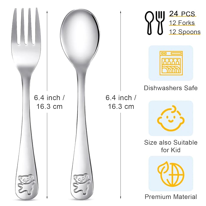 24 Pieces Stainless Steel Kids Silverware Bulk Toddler Metal Utensils Silverware Children's Safe Flatware 12 Set Preschool Toddler Kids Forks and Spoons(Silver)