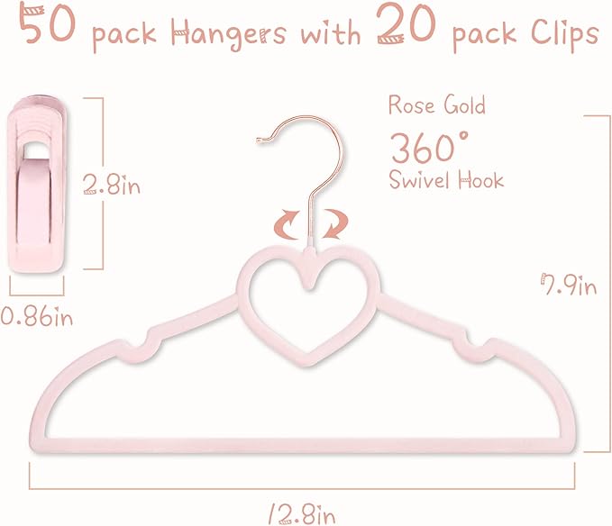 Pink Heart Velvet Baby Hangers - 50pack 13inch Toddler Hangers with 20pcs Clips, Premium Velvet Strong and Durable Baby Clothes Hangers Without Slipping, Ultra Slim and Stackable Space Saving