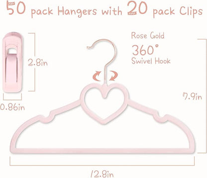 Pink Heart Velvet Baby Hangers - 50pack 13inch Toddler Hangers with 20pcs Clips, Premium Velvet Strong and Durable Baby Clothes Hangers Without Slipping, Ultra Slim and Stackable Space Saving