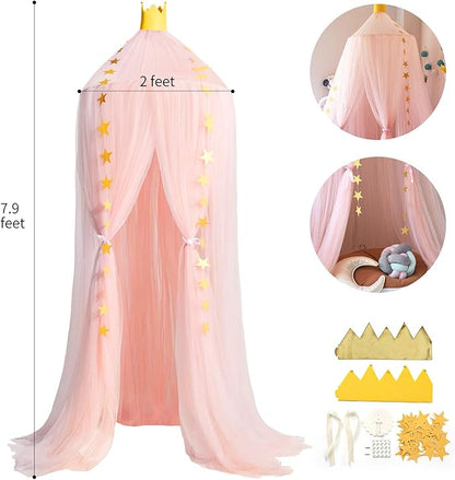 Jolitac Princess Bed Canopy for Girls Room Decor Round Lace Mosquito Net Play Tent Reading Nook Canopies Yarn Girl Dome Netting Castle (Pink)