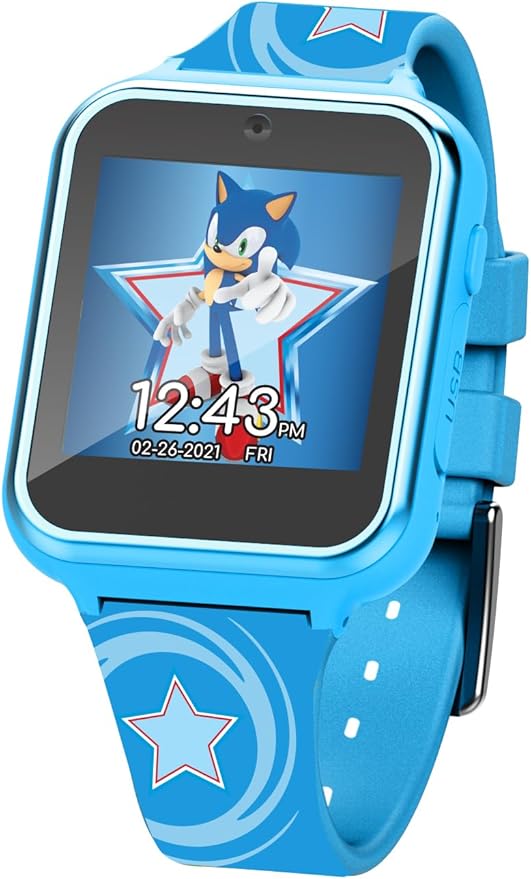 Accutime Kids SEGA Sonic The Hedgehog Blue Educational Touchscreen Smart Watch Toy for Boys, Girls, Toddlers - Selfie Cam, Learning Games, Alarm, Calculator, Pedometer (Model: SNC4133AZ)