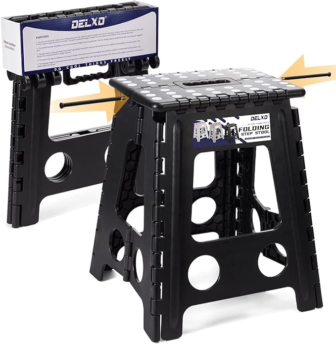 Delxo 16” Folding Step Stool in Black,1 Pack Premium Foldable Stool for Adults,Portable Collapsible Plastic Step Stool,Non Slip Folding Stools for Kitchen Bathroom Bedroom Up to 400LBS