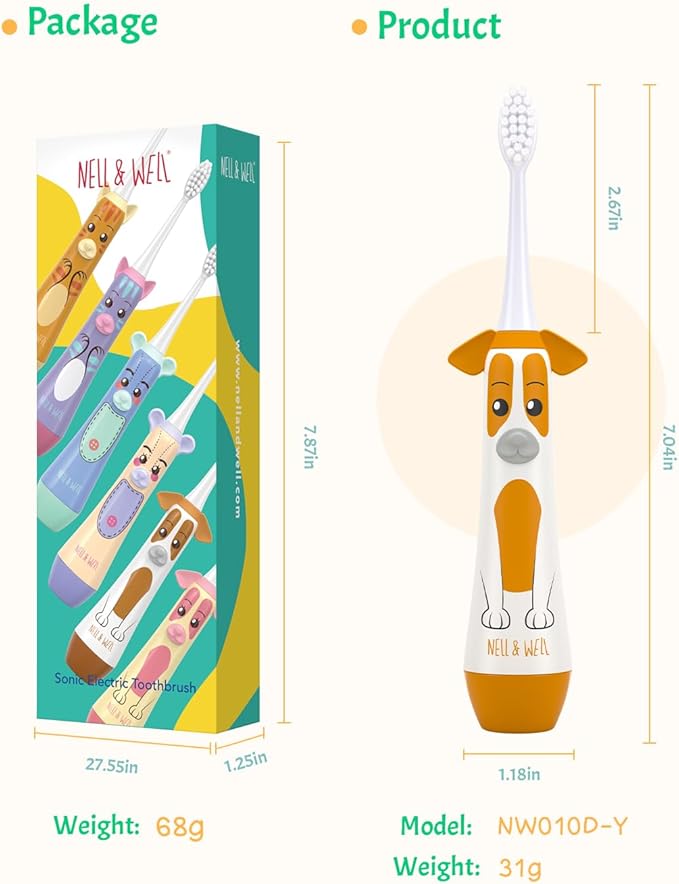 NELL&WELL Kids Electric Toothbrush, 2-Min Timer, 3 Modes with Memory, IPX 7 Waterproof, Battery Powered Kids Toothbrush with 3 Soft Bristles Heads for Children Boys and Girls Ages 3+
