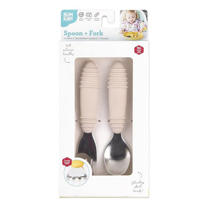 Bumkins Toddler Utensils, Kids Size Fork and Spoon Set, Silicone and Stainless-Steel Training Silverware, Angled Forks/Sporks for Self-Feeding, Children Hold Learning to Eat, 18 Mos Up, Sand Beige