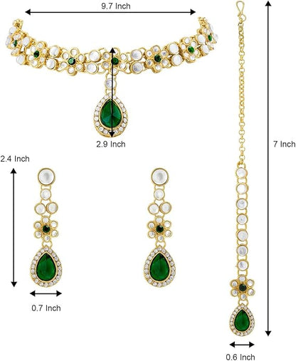 Aheli Traditional Gold Plated Kundan Beads Studded Choker Necklace Dangle Earrings & Maangtikka Set Ethnic Fashion Jewellery Gift for Women