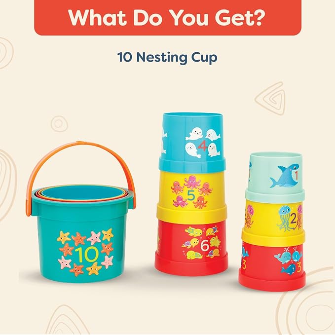 B. toys- Bazillion Buckets- Sort & Stack- 10 Stacking Cups – Numbered Nesting Cups – Bath & Backyard Toys – Educational Play Set for Toddlers, Kids – 18 Months +