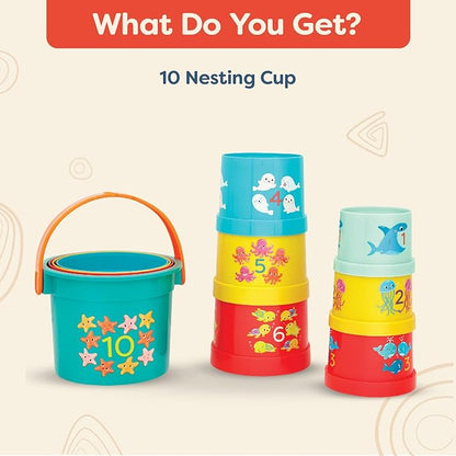 B. toys- Bazillion Buckets- Sort & Stack- 10 Stacking Cups – Numbered Nesting Cups – Bath & Backyard Toys – Educational Play Set for Toddlers, Kids – 18 Months +