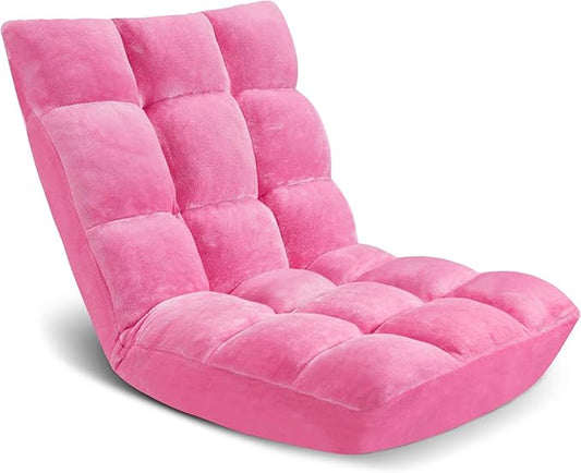 Folding Floor Chair 14-Position Cushioned Adjustable Floor Lazy Sofa Chair w/Breathable Cotton & Skin-Friendly Flannel for Adults & Kids Ideal for Reading Meditating, Pink