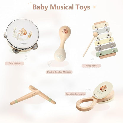 Baby Musical Instruments Set Wooden Montessori Musical Toys for Toddlers Neutral Colors Percussion Instruments Set with Modern Boho Xylophone Tambourine Educational Musical Toys for Preschool Kids