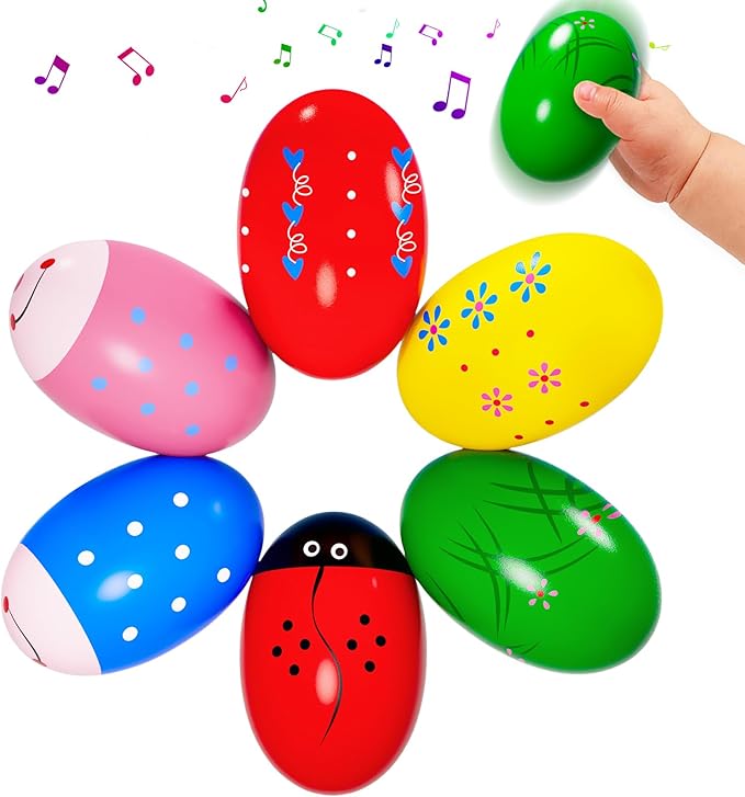 6 Pack Easter Basket Stuffers, Eco-Friendly Woode Percussion Musical Shaker, Toddlers Stocking Stuffers 1-3 Year Old, Montessori Toys for Kids Boys Girls Easter Party