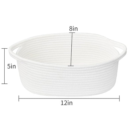 ABenkle Small Basket with Handles, Boho Decorative Rope Woven Dog Cat Toy Storage Bin Shelf Storage Organizer, Easter Christmas Gift Basket, 12"x8"x5", White