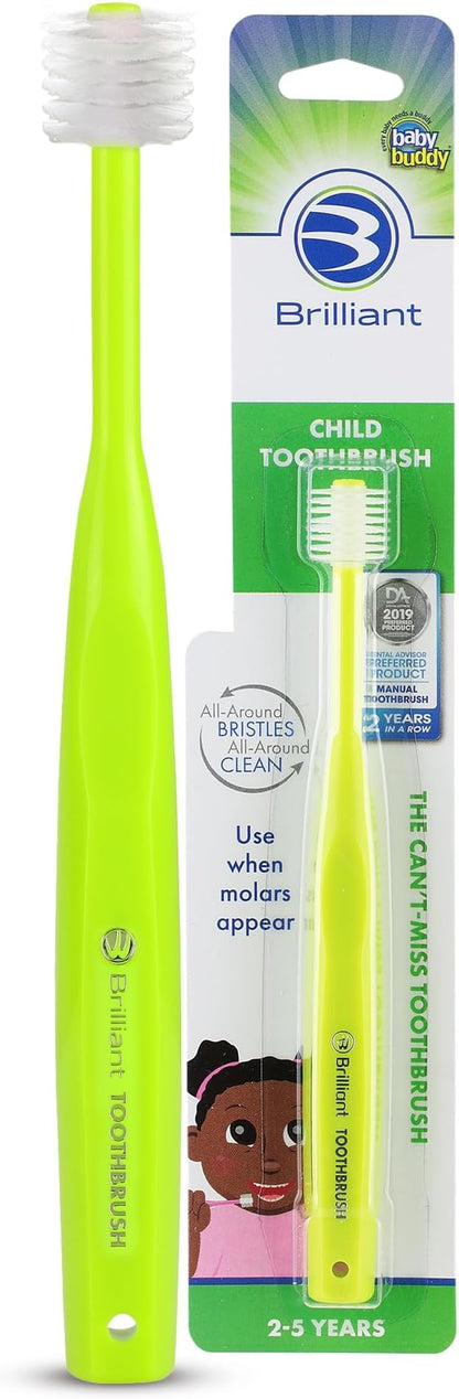 Brilliant Oral Care Child Toothbrush with Soft Bristles and Round Head, for a Kid Approved, Easy to Use All-Around Clean Mouth, Ages 2-5 Years, Lime, 1 Pack