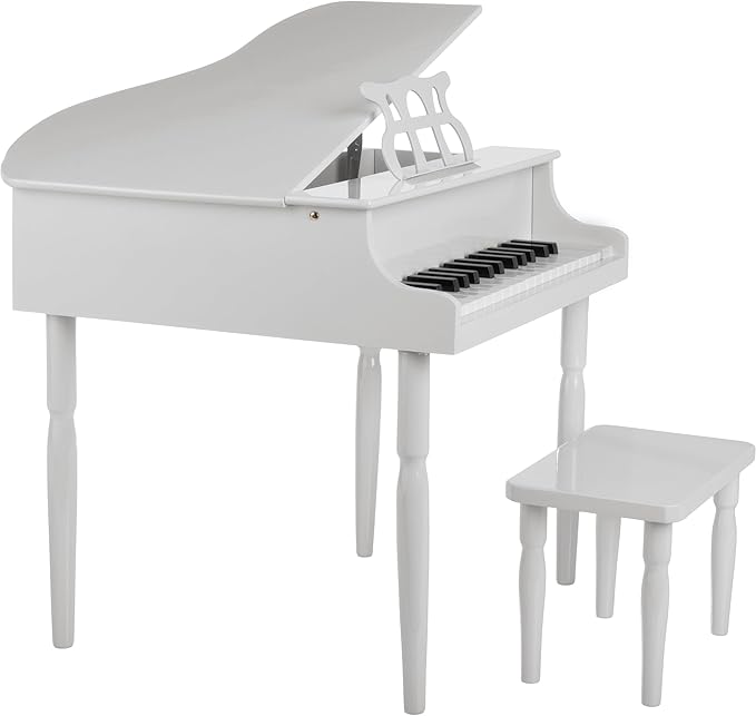 Kids Piano - 30 Key Mini Grand Piano with Music Stand, Bench, and Note Stickers - for Beginners - Instruments for Kids by Hey Play (White)
