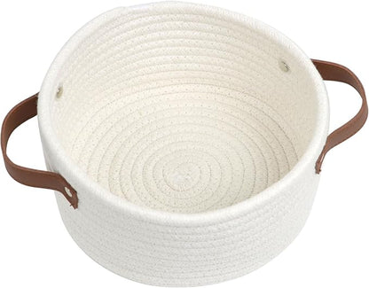 Small Woven Basket, Cute Mini Cotton Rope Storage Basket with leather handle, Tiny Decorative Round Storage Bin, Boho Empty Gift Baskets for Organizing, Toy Organizer for Nursery (Narrow handle)