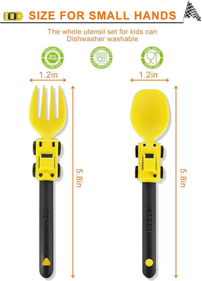 Construction Toddler Utensils - Toddler Forks and Spoons - Kids Spoon and Fork Set - Suitable for Kids Utensils - Baby Utensils, Portable Utensils Set for 1 2 3 4 5 year old Toddlers, Yellow