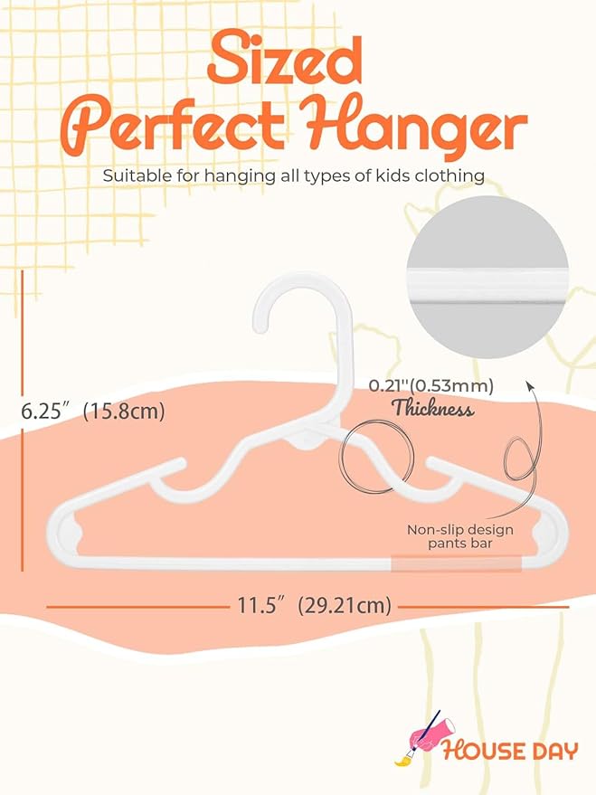 HOUSE DAY Kids Plastic Hangers for Closet, Childrens Hangers for Clothes & Baby Hangers, Toddler, and Child Clothes - Clothing, Pants, Coats, and More - Ideal for Everyday Use (White, 120 Pack)