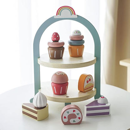 Wooden Dessert Cake Play Food Set Toys, Pretend Play Kids Tea Party Set for Little Girls Toddlers, Montessori Wooden Play Kitchen Accessories Sets for Kids
