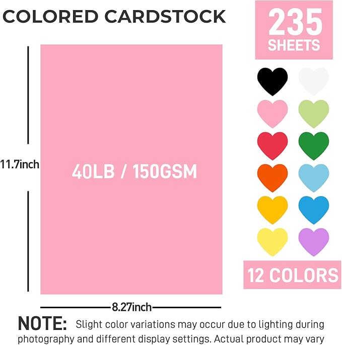 3 otters 235Sheets 8.27" x 11.7" Construction Paper Assorted Colors, 12 Colored Cardstock Printer Paper, for Printing, DIY Crafts, Party Decorations, Teacher Kids Classroom Must Have, 40 lb/150 GSM