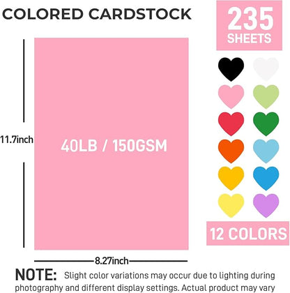3 otters 235Sheets 8.27" x 11.7" Construction Paper Assorted Colors, 12 Colored Cardstock Printer Paper, for Printing, DIY Crafts, Party Decorations, Teacher Kids Classroom Must Have, 40 lb/150 GSM