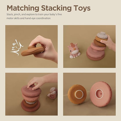 Nueplay 7 Pcs Stacking & Nesting Baby Toys, Squeeze Teething Baby Toys and Building Circle with Pink Horse Figure, Newborn Essentials for 6 12 18 Months Baby Toddler Girls