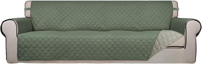 PureFit Reversible Quilted Sofa Cover, Water Resistant Slipcover Furniture Protector, Washable Couch Cover with Non Slip and Elastic Straps for Kids, Dogs, Pets (XX Large, Greyish Green/Beige)