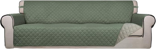 PureFit Reversible Quilted Sofa Cover, Water Resistant Slipcover Furniture Protector, Washable Couch Cover with Non Slip and Elastic Straps for Kids, Dogs, Pets (XX Large, Greyish Green/Beige)