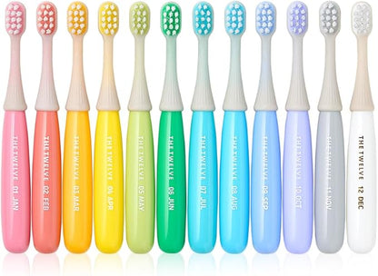 The Twelve Step2 Toddler Toothbrush Pastel – (Monthly Replacement Reminder), (Korean BBC Bristles), (12 Fun Rainbow Colors), Soft Tooth Brush for Ages 1-3, 12-Pack