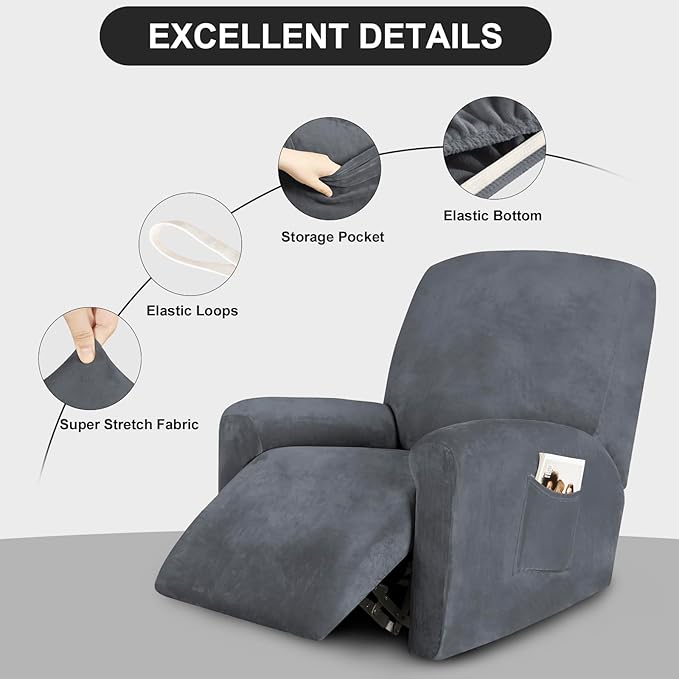 FestiCorp Recliner Chair Covers Real Velvet 4-Pieces Recliner Covers for Small Lazy Boy Recliner Chair Stretch Recliner Sofa Slipcovers Furniture Protector with Side Pocket & Elastic Bottom, Grey