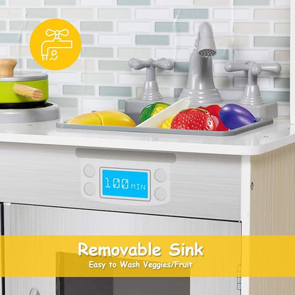 Costzon Kids Kitchen Playset, Wooden Pretend Chef Cooking Toy Kitchen with Realistic Sound, Microwave, Sink, Cookware Accessories, Play Kitchen for Toddlers, Boys, Girls, Gift for Ages 3+