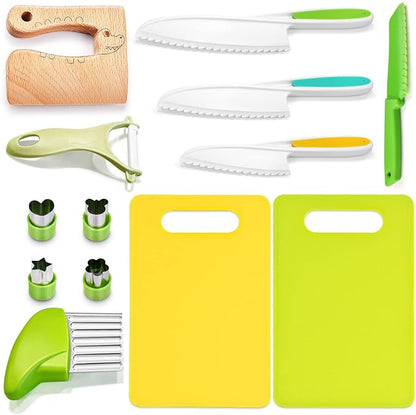 Montessori Kitchen Tools,13Pcs Toddler Knife Set Kids Knife Set for Real Cooking-Kids Kitchen Tools Set Include Toddler Knives Cutting Boards Sandwich Cutters Peeler for Toddler Birthday Gift