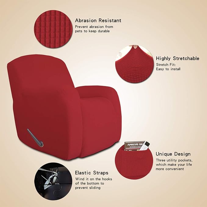 Easy-Going Oversized Recliner Stretch Sofa Slipcover Cover 1 Piece Furniture Protector Couch Soft with Elastic Bottom Kids,Polyester Spandex Jacquard Small Checks(Oversize Recliner,Christmas Red)