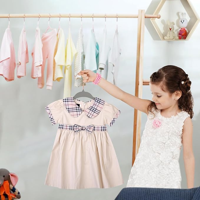 ManGotree Baby Velvet Hangers with 360° Swivel Rose Gold Hook, 10.95" Non-Slip Toddler Hangers, Ultra Thin Space Saving Infant Hangers for Kids Clothes, 15 Pack (Gray)