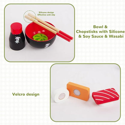Sushi Slicing Play Food Set, Wooden Pretend Play Kitchen Toys for Kids 3+, Sushi Food Play Learning Toy for Girls Boys