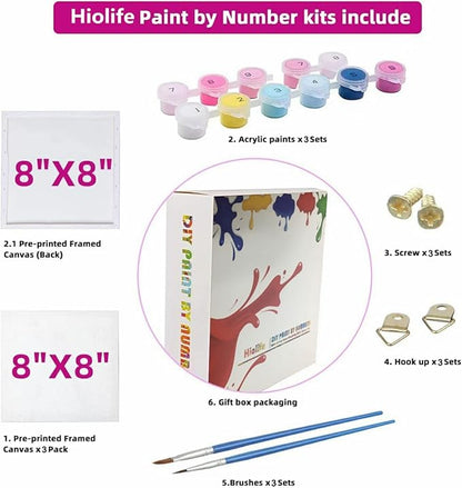Hiolife 3 Pack Paint by Number Kits for Kids, 8X 8 inch Framed,Colorful Animals Oil Painting Kits for Girls and Boys, Painting Sets for Childrens,Home Wall Decor