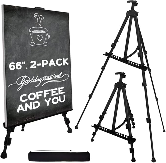Artify Easel for Painting, Double-Tier Easel Stand, Adjustable Height from 22-66 Inches, Tripod for Painting and Display with Carrying Bag, 66 Inches, Black, 2 Pack