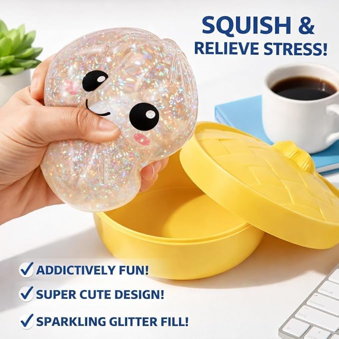 Dumpling Squishy Stress Ball,Jumbo Dumpling Stress Ball,with Steamer,Soft Squeeze Decompression Dough for Adults,Simulation Food Squishies Bun (Blue)
