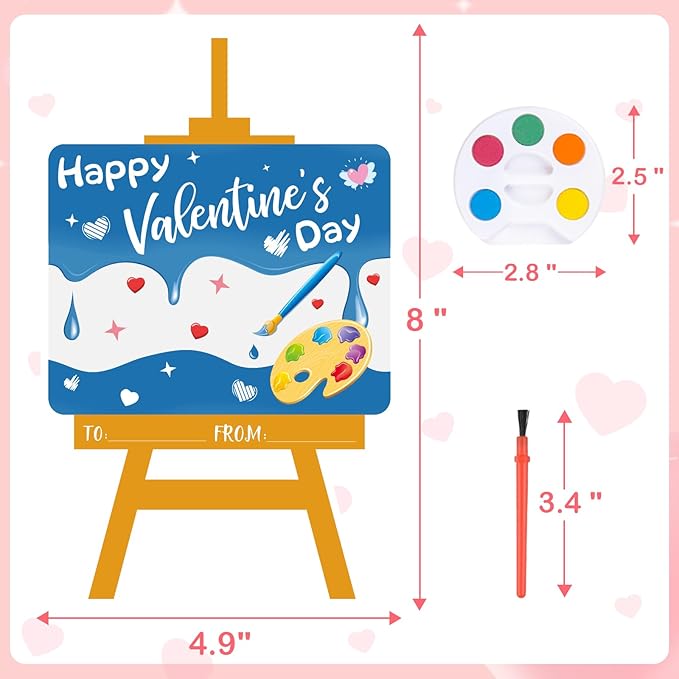 GOAUS Valentines Day Gifts for Kids, 24 Pack Easel-Shaped Valentines Cards with Watercolor Paint Sets for School Boys Girls Classroom Preschool Party Favors Class Prizes