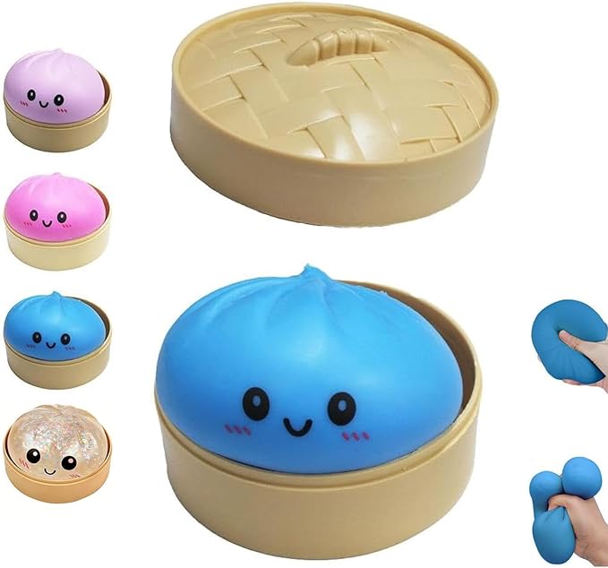 Dumpling Squishies Toy, Giant Glitter Dumpling, Colorful Dumplings Stress Balls Fidget Sensory Toy,Soft Squeeze Decompression Dough with Food Steamer, Stretchy Desk Toys (Blue)