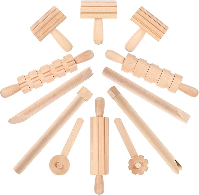 NUOBESTY Wooden Clay and Tools Kids Tool Set Wood Pottery Tools Stamps Molding Clay for Art DIY Crafts Wooden Clay Stamp Wooden Handle Pottery Tools