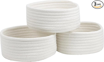 Small Basket, Set of 3 Small Woven Baskets, Cotton Rope Baskets for Organizing, Cute Mini Tiny Baskets for Nursery, Decorative Boho Round Storage Basket Bathroom Organization Bin