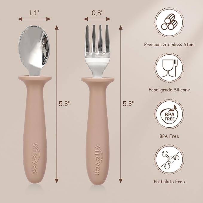 6 Pieces Toddler Utensils, Children Silverware Set with Silicone Handle, Kids Safe Spoons and Forks, Dishwasher Safe, 18/8 Stainless Steel, Food-grade Silicone，BPA Free - Tan