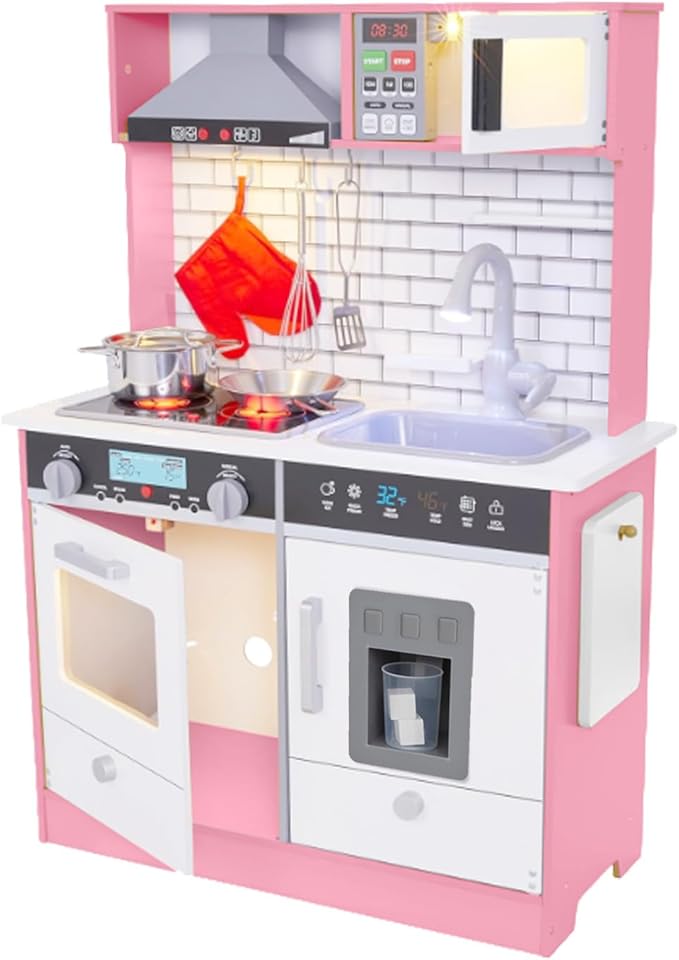 Lil' Jumbl Kids Pink Small Kitchen Set, Pretend Wooden Play Kitchen, Includes Range Hood, Microwave, Stove Top, Oven That Make Realistic Sound & Light, Pots, Pan, Cutting Board & Utensils Included