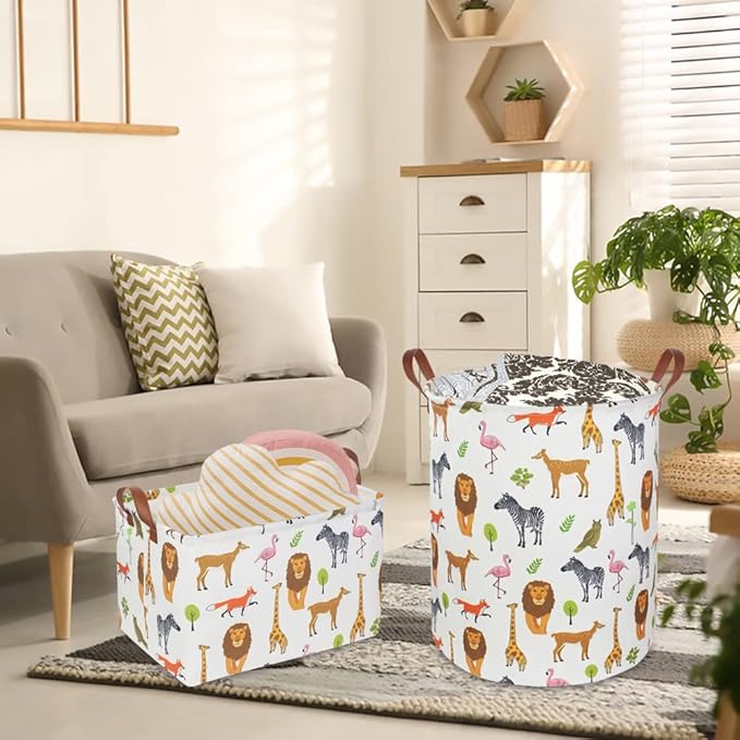 CLOCOR Kids Laundry Basket,Nursery Baby Hamper,Toy Storage Bin with handles for Boys and Girls,Safari Room Decor,Waterproof Storage Basket(Jungle Animals)