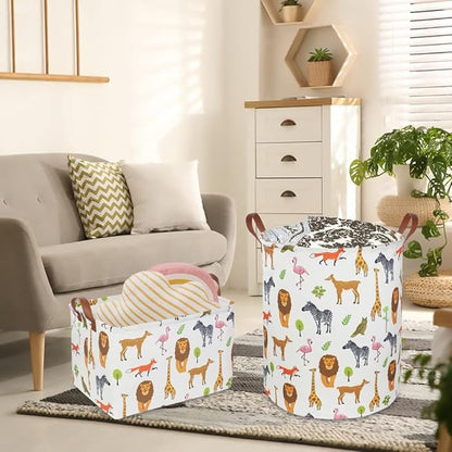 CLOCOR Kids Laundry Basket,Nursery Baby Hamper,Toy Storage Bin with handles for Boys and Girls,Safari Room Decor,Waterproof Storage Basket(Jungle Animals)