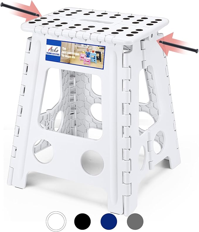 ACKO Folding Step Stool Foldable 16 Inch Stool 400 lbs Capacity,Plastic Stools for Adults and Kids,Collapsible Stool for Kitchen, Stepping Stool with Handle(White)