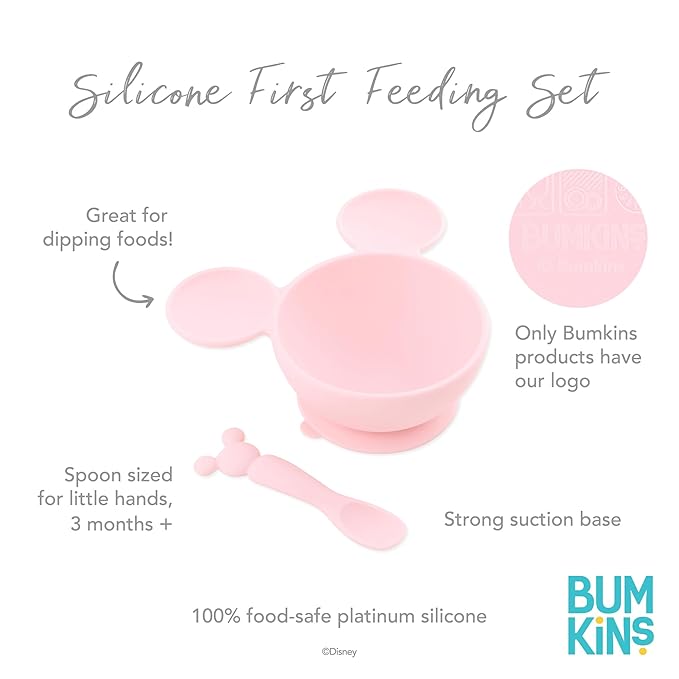 Bumkins Disney Baby Bowl, Silicone Feeding Set with Suction for Baby and Toddler, Includes Spoon and Lid, Essentials for Baby Led Weaning,for Babies 4 Months, Minnie Mouse Light Pink